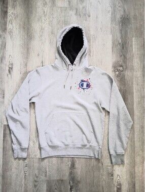 Champion Mens Small Paint Splatter Logo Gray Paint Splat Pullover Hoodie Sweater